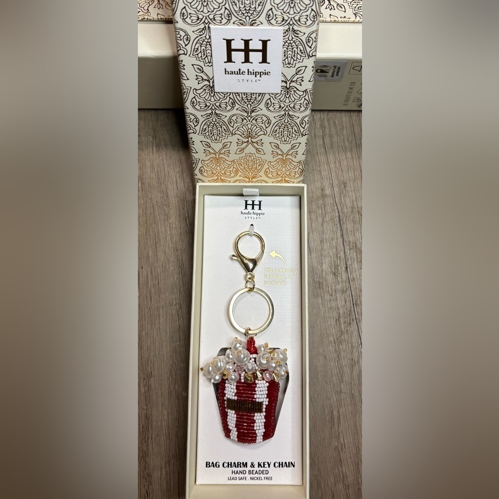 Popcorn Beaded Keychain with Red and Gold Accents